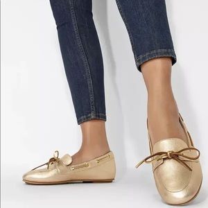 NWOT Fit Flop Cora Gold Metallic Lace up Leather Loafer Boat Shoe Sz 10